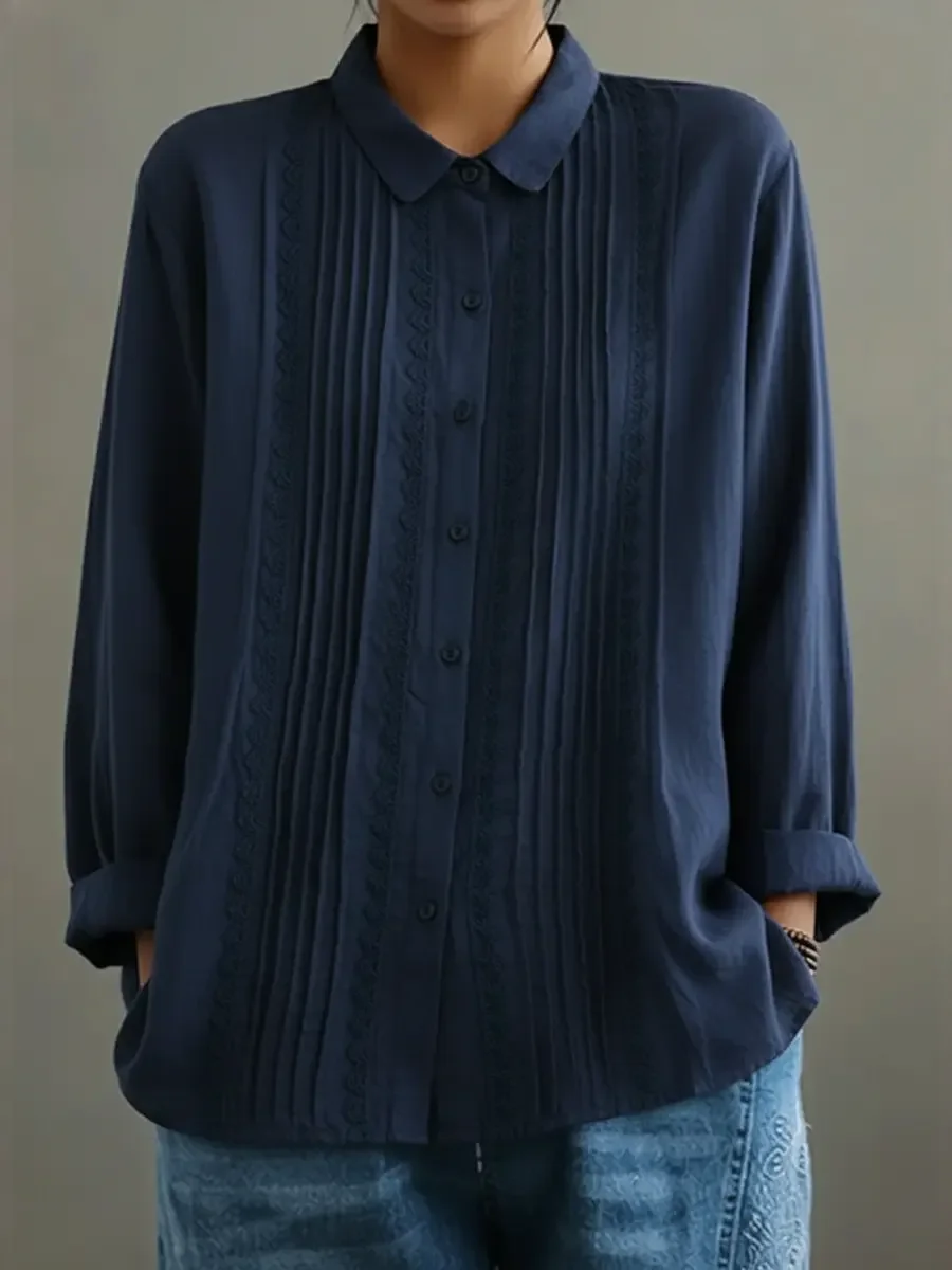 Duttini | Statement Lace Trim Button-Up Long Sleeve Blouse