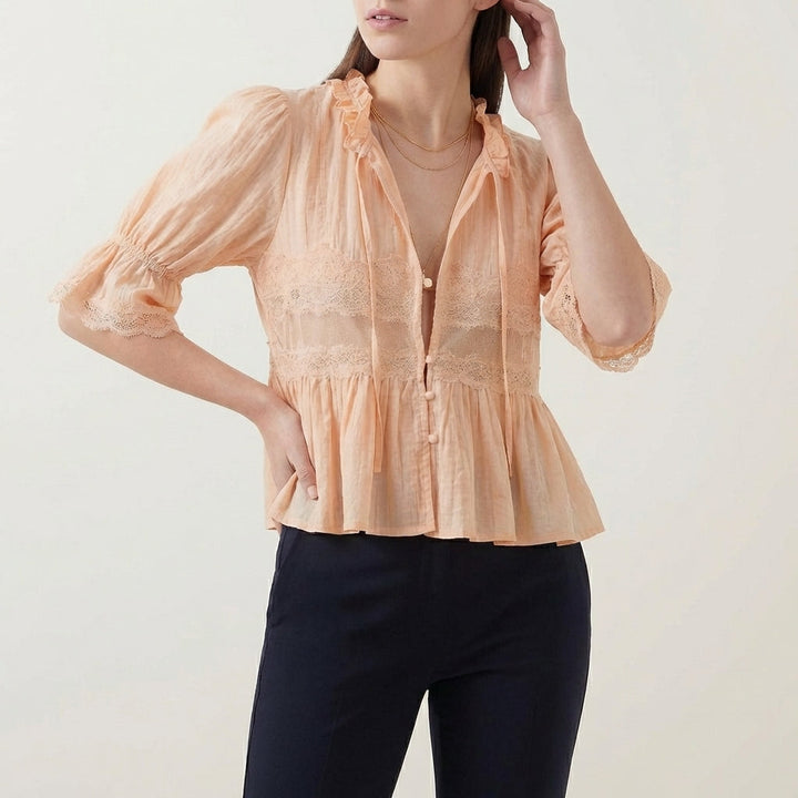 Duttini | Flowing Bohemian Babydoll Blouse With Lace Insets And Ruffle Trim