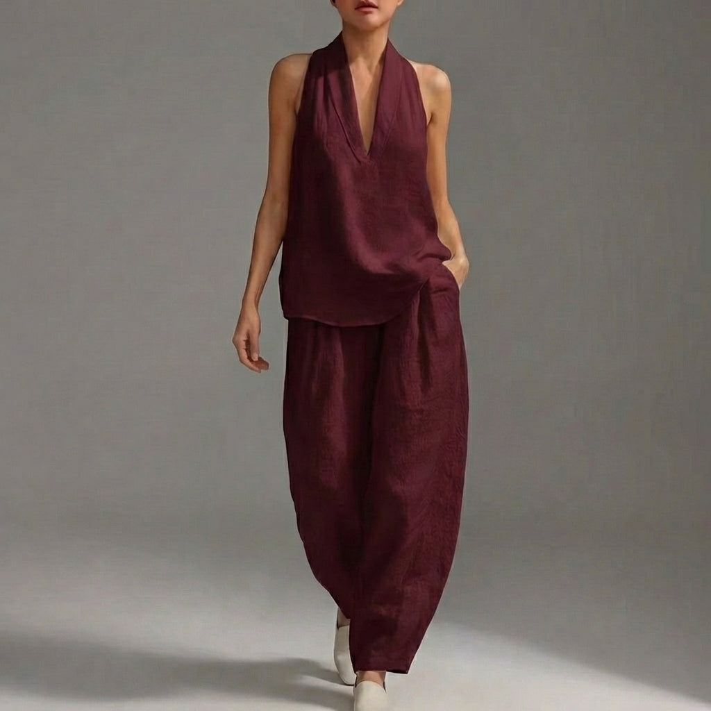 Duttini | Lightweight Two-Piece Halter V-Neck Suit With Wide-Leg Trousers