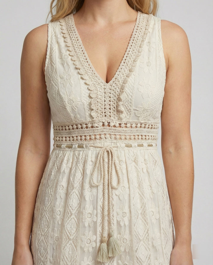 Duttini | Luxe Bohemian Lace Maxi Dress With Tiered Skirt And Tassel Waist