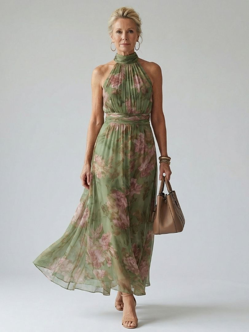 Duttini | Flowing Floral Halter Midi Dress with a Timeless Finish