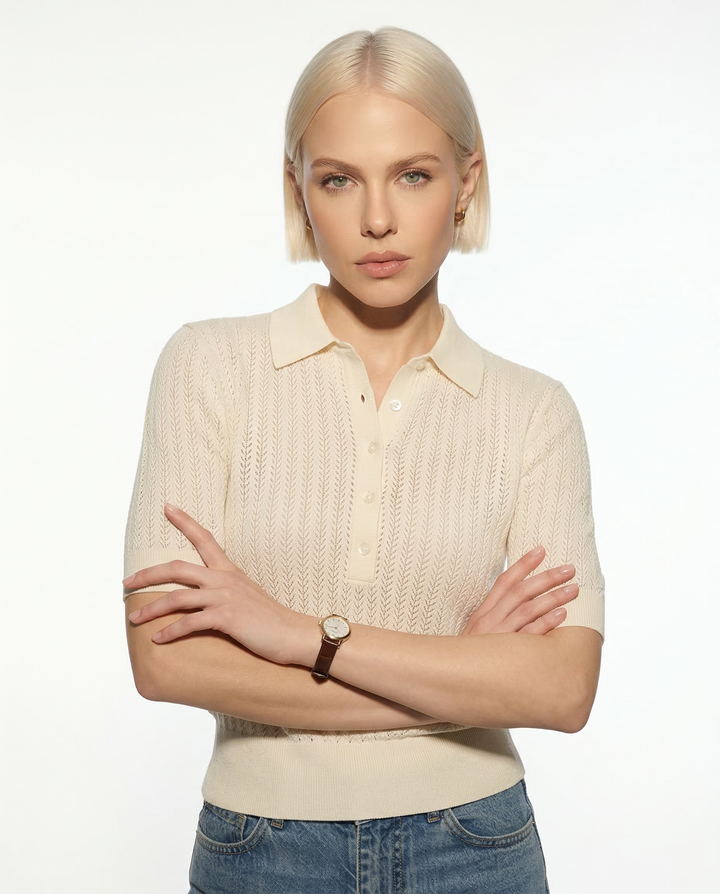Duttini | Ribbed Knit Polo Blouse for Women in Classic Color