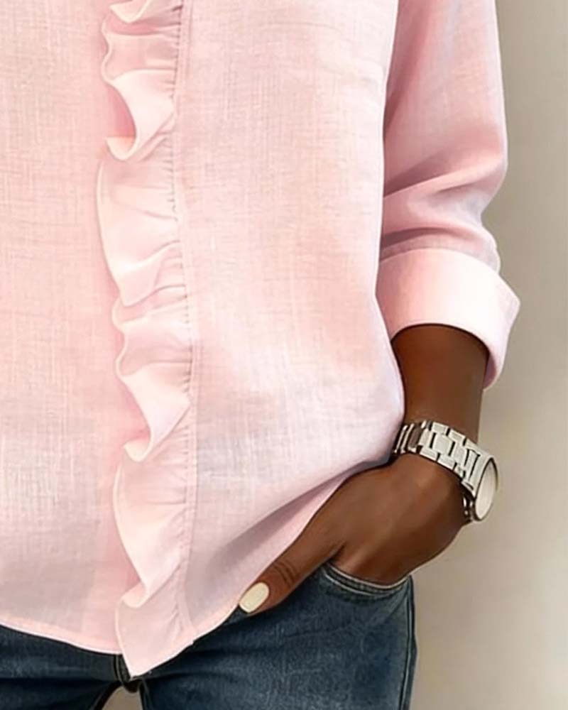 Duttini | Luxe Ruffle V-Neck Long Sleeve Blouse Spring Top