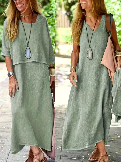 Duttini | Luxe Two-Piece Set Maxi Dress & Short Sleeve Top