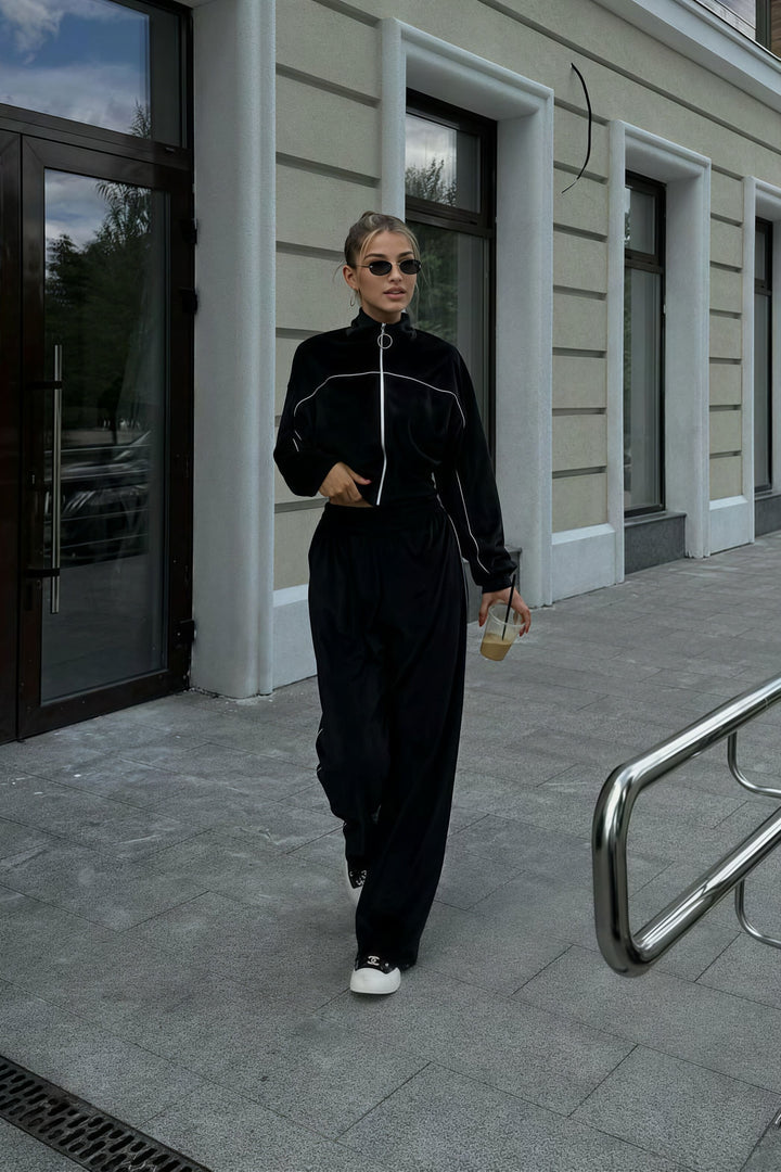Duttini | Velvet Collar Zipper Long Sleeve Two Piece Set