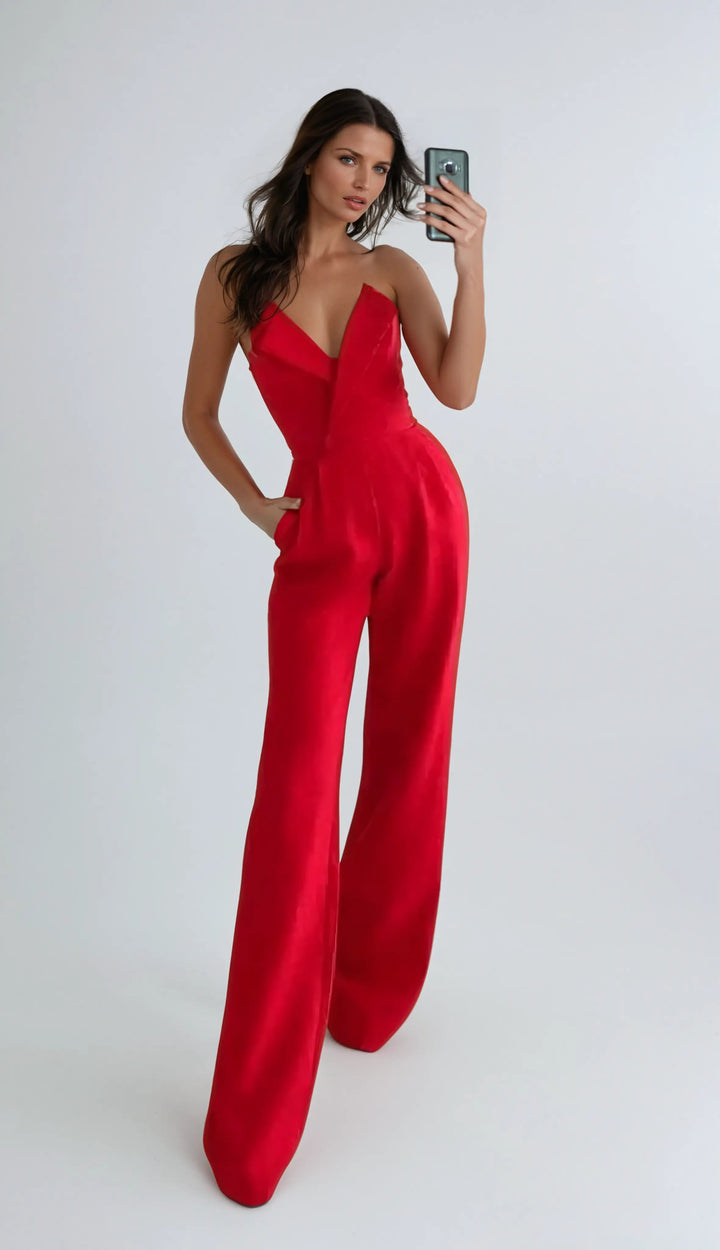 Duttini | Strapless Pleated Wide-Leg Jumpsuit