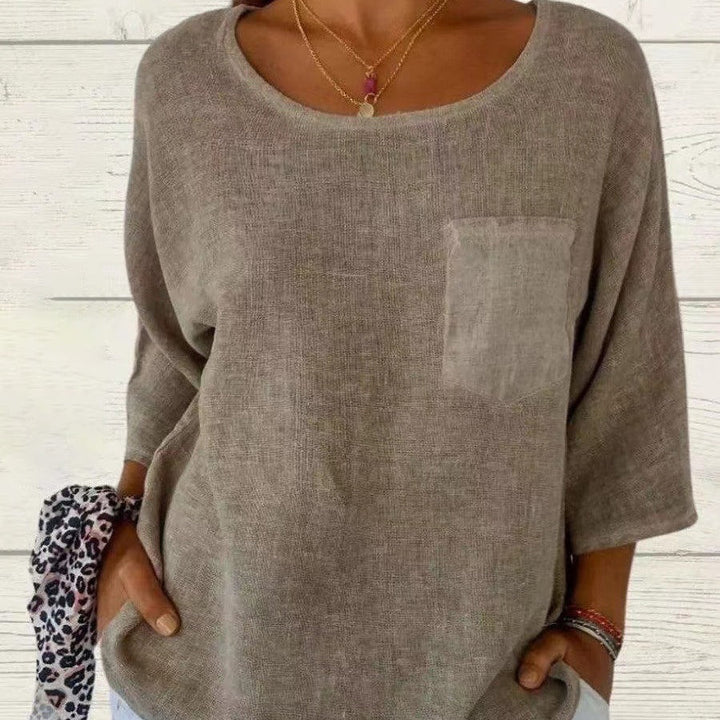 Duttini | Chic Round Neck 3/4 Sleeve Loose Fit Top with Graceful Drape