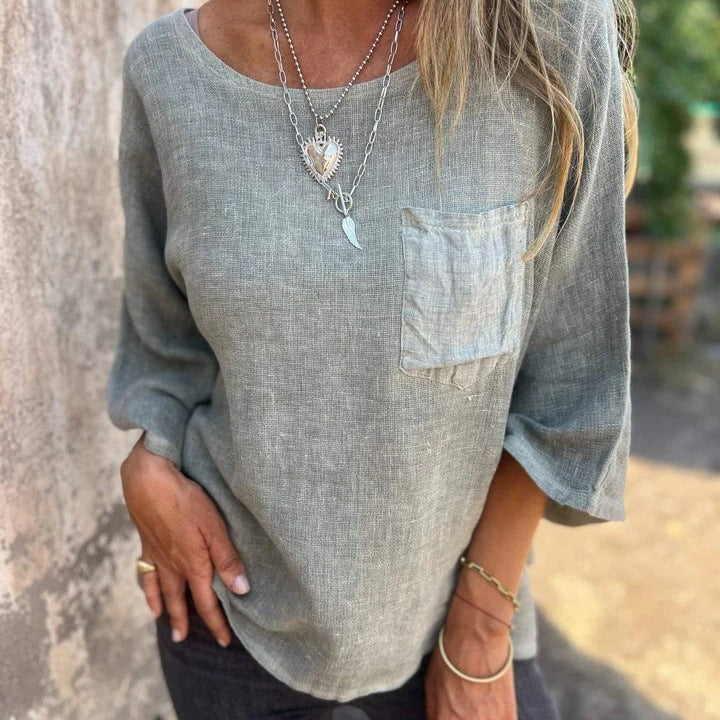 Duttini | Chic Round Neck 3/4 Sleeve Loose Fit Top with Graceful Drape