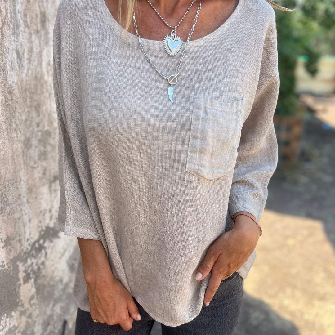Duttini | Chic Round Neck 3/4 Sleeve Loose Fit Top with Graceful Drape