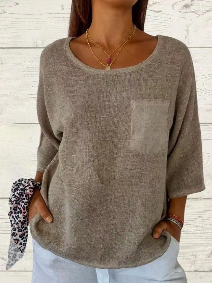 Duttini | Chic Round Neck 3/4 Sleeve Loose Fit Top with Graceful Drape