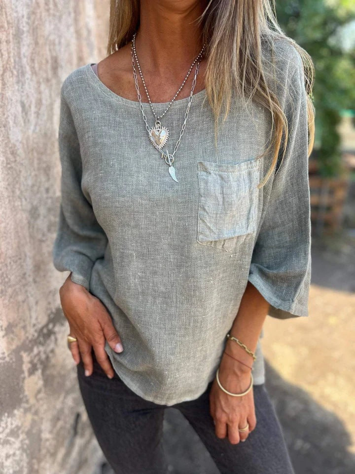 Duttini | Chic Round Neck 3/4 Sleeve Loose Fit Top with Graceful Drape
