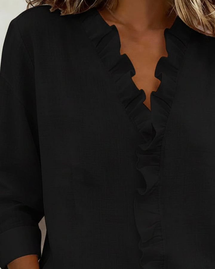 Duttini | Luxe Ruffle V-Neck Long Sleeve Blouse Spring Top