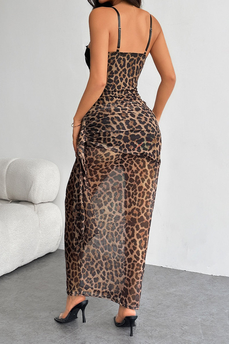 Duttini | Leopard Print Lace Bodycon Maxi Dress