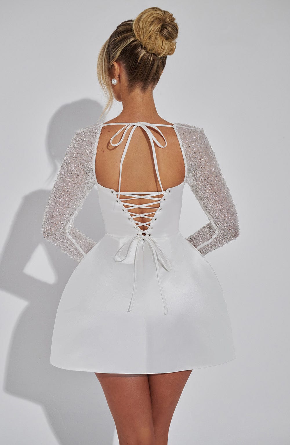 Duttini | Satin Mini Dress with Long Sleeves and Square Neckline