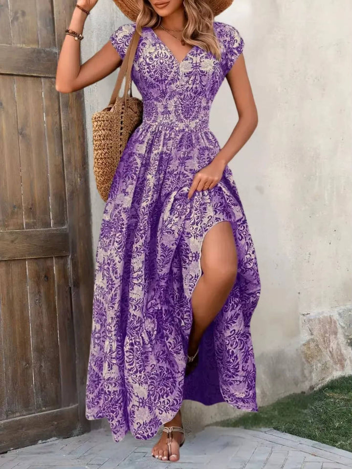 Duttini | Feminine Smocked Boho Print Tiered Maxi Dress