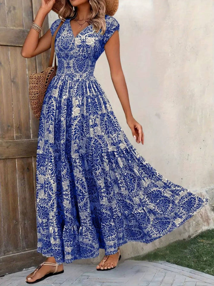 Duttini | Feminine Smocked Boho Print Tiered Maxi Dress