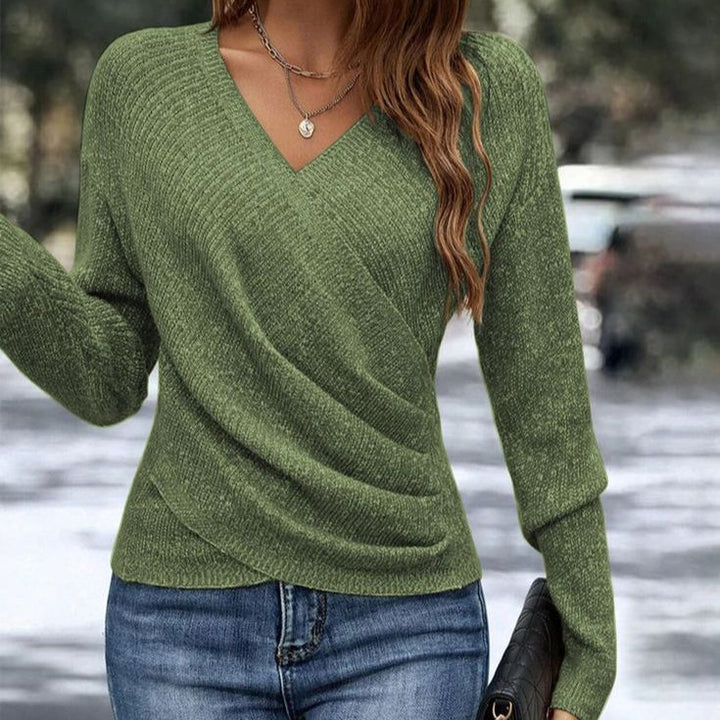 Duttini | Luxe V-Neck Wrap Front Long Sleeve Sweater for a Polished Look