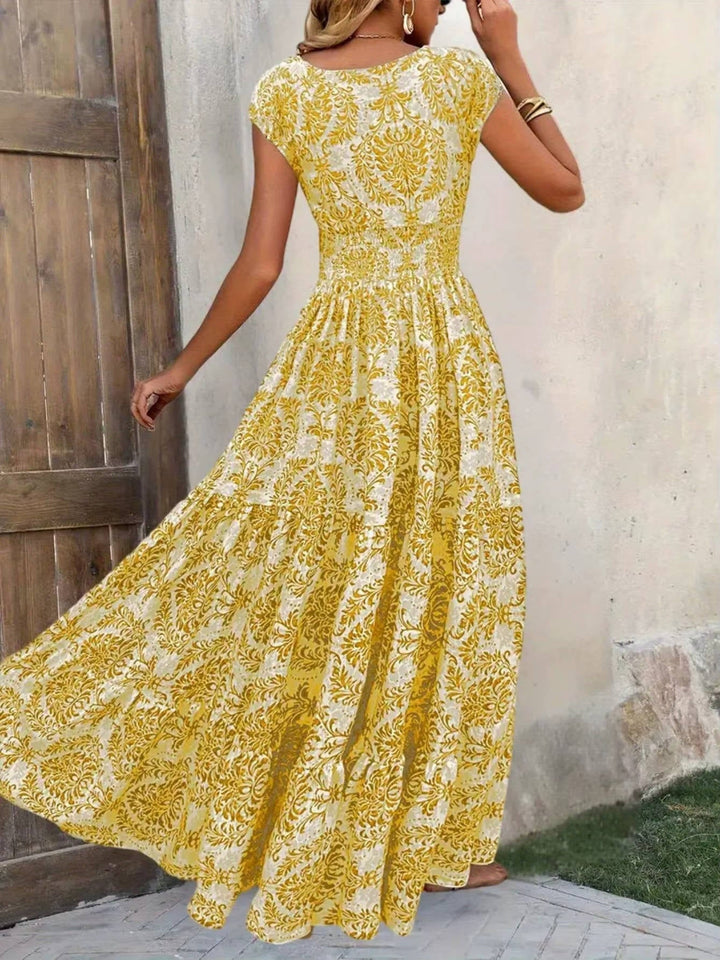 Duttini | Feminine Smocked Boho Print Tiered Maxi Dress