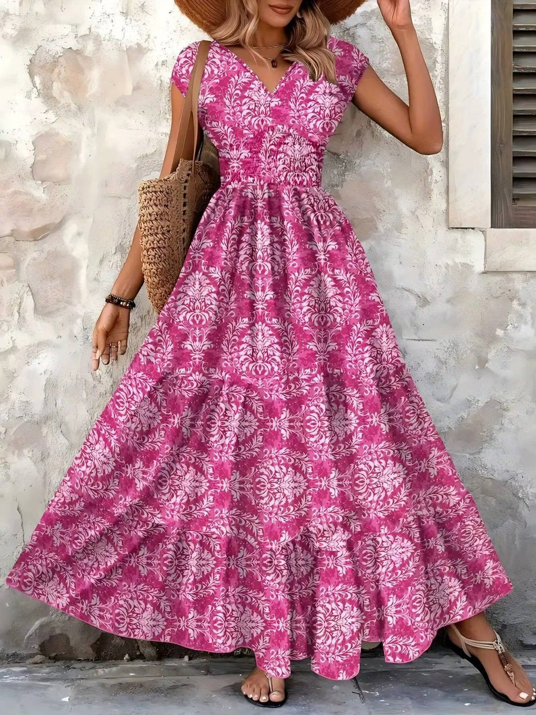 Duttini | Feminine Smocked Boho Print Tiered Maxi Dress