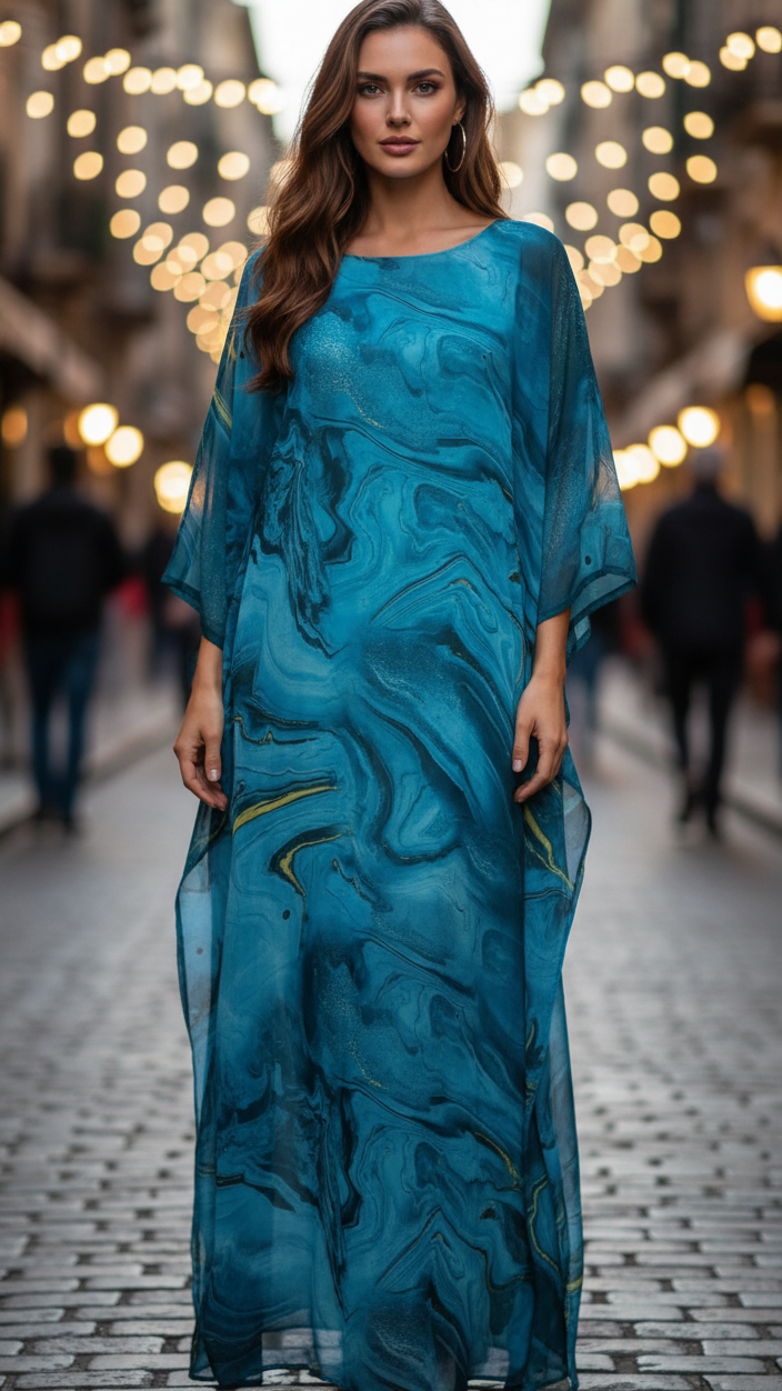 Duttini | Flowing Chiffon Kaftan Maxi Dress Batwing Sleeve Formal