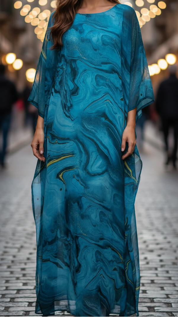 Duttini | Flowing Chiffon Kaftan Maxi Dress Batwing Sleeve Formal