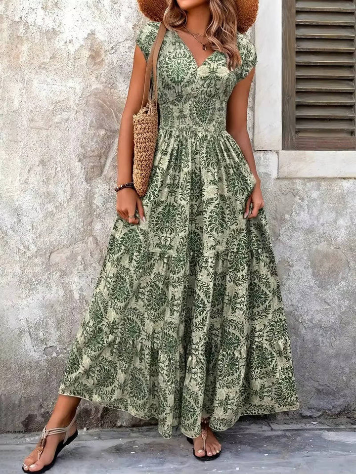 Duttini | Feminine Smocked Boho Print Tiered Maxi Dress