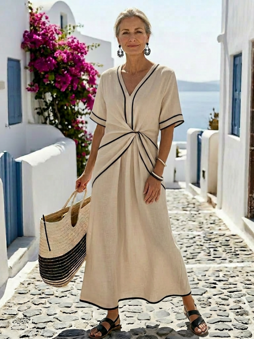Duttini | Statement V Neck Short Sleeve Gathered Waist Midi Dress