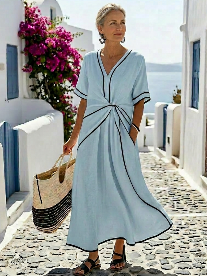 Duttini | Statement V Neck Short Sleeve Gathered Waist Midi Dress