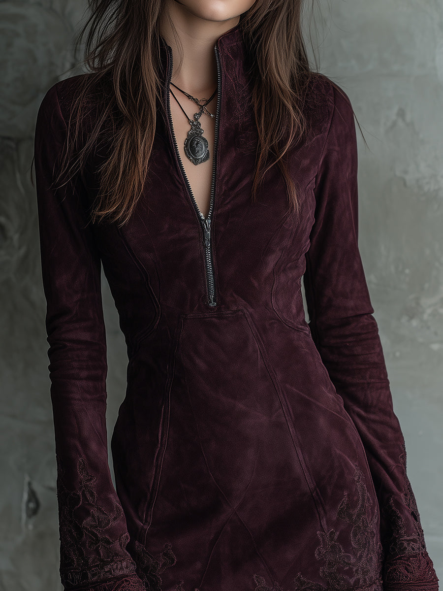 Duttini | Vintage Suede Embroidered Lace Trim Dress