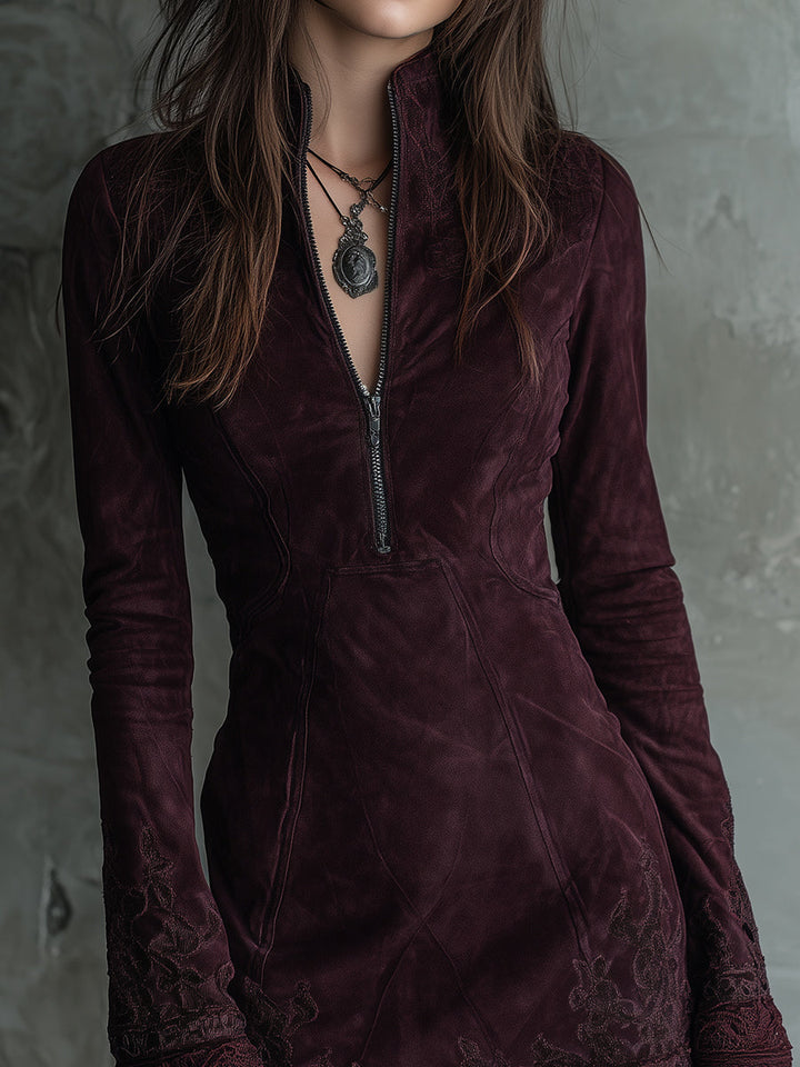 Duttini | Vintage Suede Embroidered Lace Trim Dress