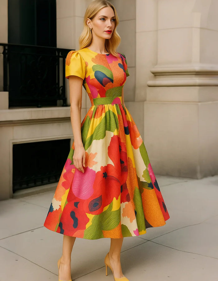 Duttini | Red Satin A-Line Pleated Puff Dress