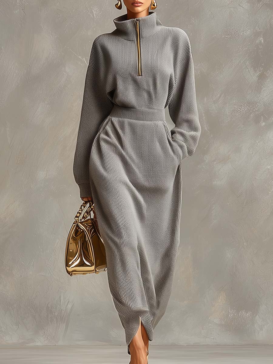 Duttini | Grey Waffle Long Sleeve Casual Dress