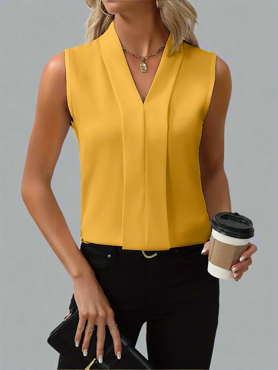 Duttini | Graceful V-Neck Sleeveless Pleated Front Blouse Top