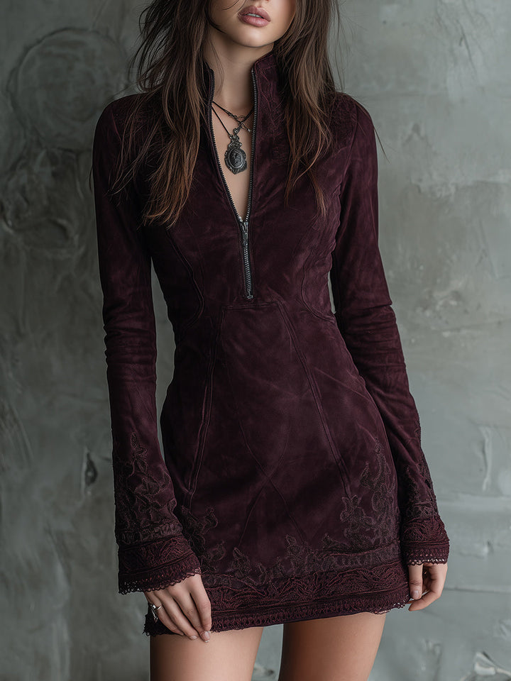Duttini | Vintage Suede Embroidered Lace Trim Dress