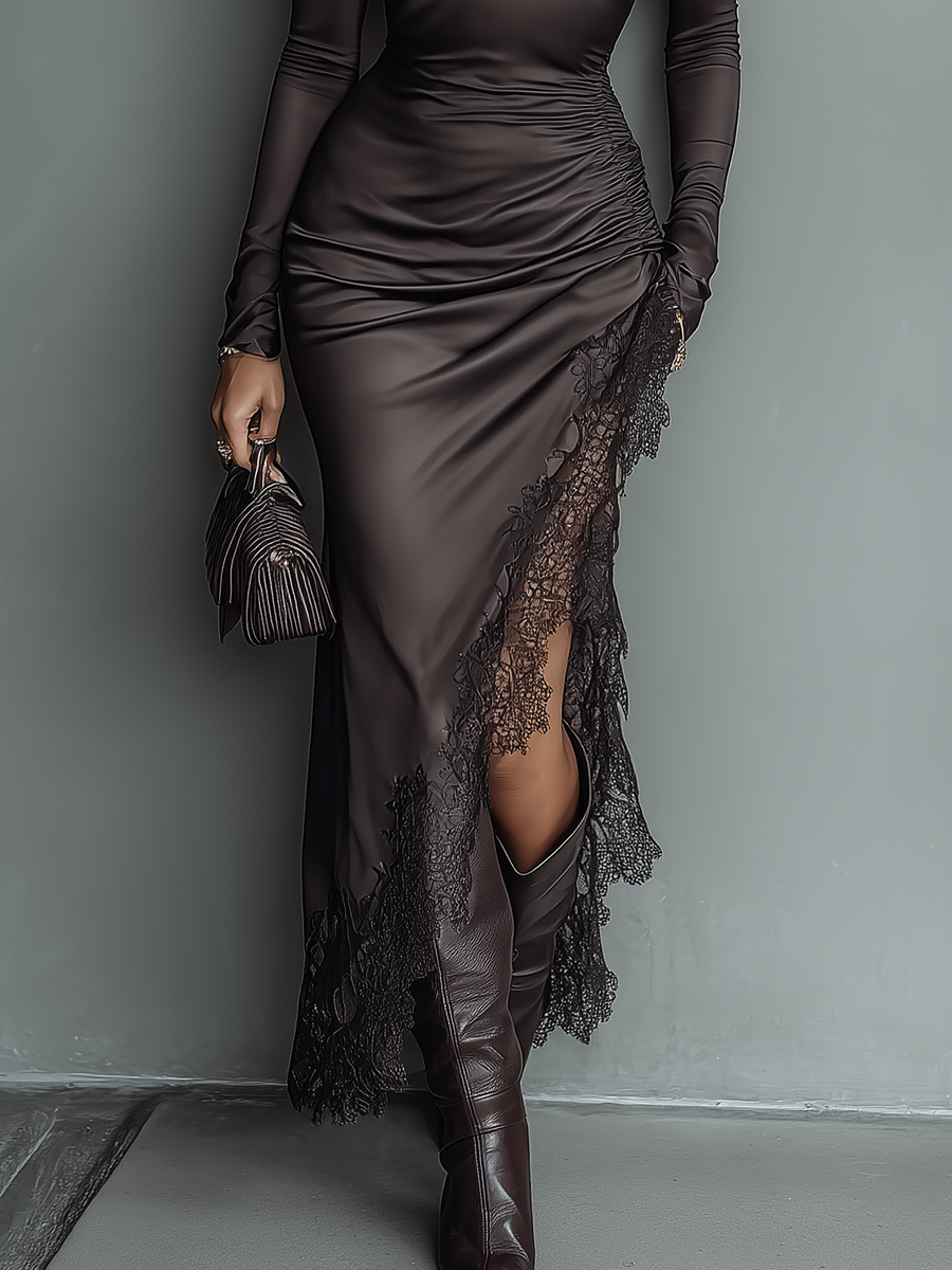 Duttini | Dark Brown Satin Irregular Hem Dress