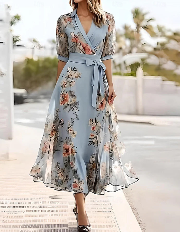 Duttini | Blue Lapel Collar Printed Dress