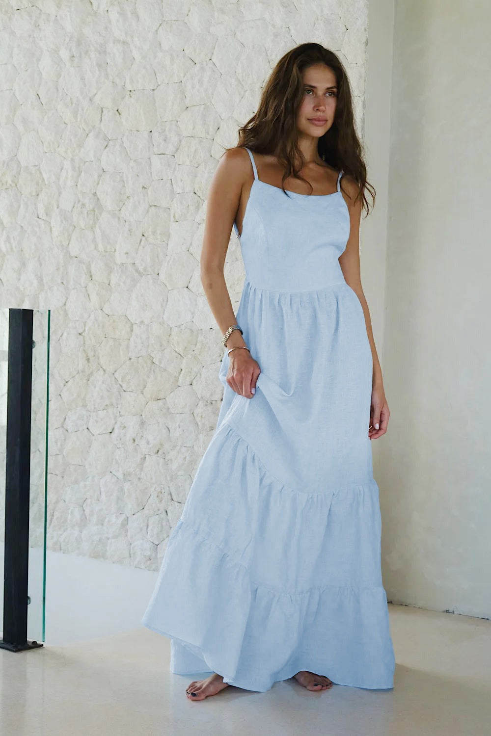 Duttini | Spaghetti Strap Backless Ruffle Maxi Dress