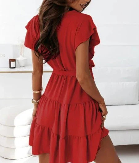 Duttini | Romantic Wrap Mini Dress Flutter Sleeve Ruffle Belted