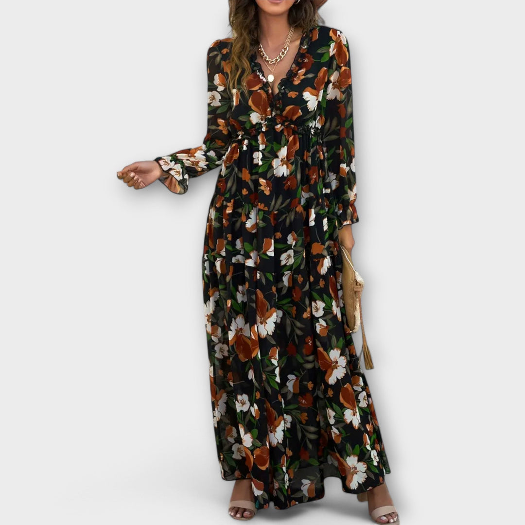 Duttini | Sculpted Floral V-Neck Maxi Dress in a Flattering Cut