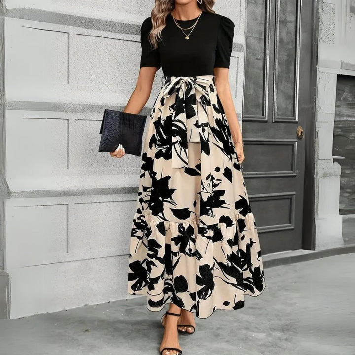 Duttini | Elegant Puff Sleeve Floral Maxi Dress With Tie Waist