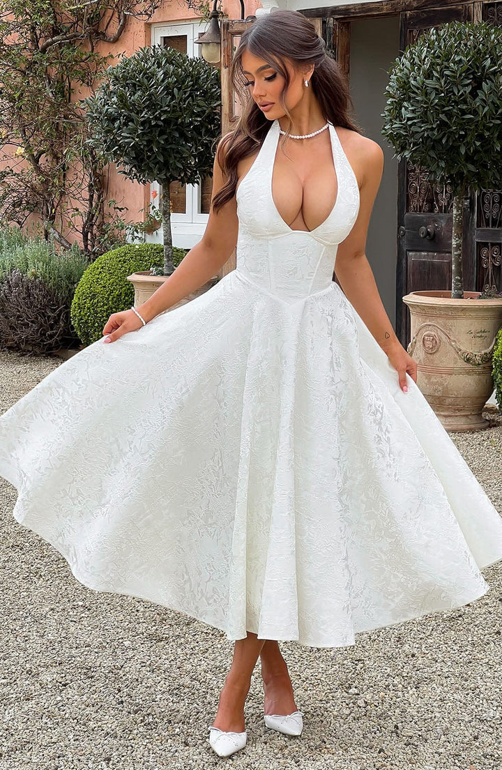 Duttini | Sophisticated Wedding Guest Embellished V-Neck Dress