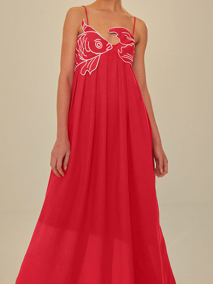 Duttini | Statement Embroidered Spaghetti Strap Maxi Shift Dress