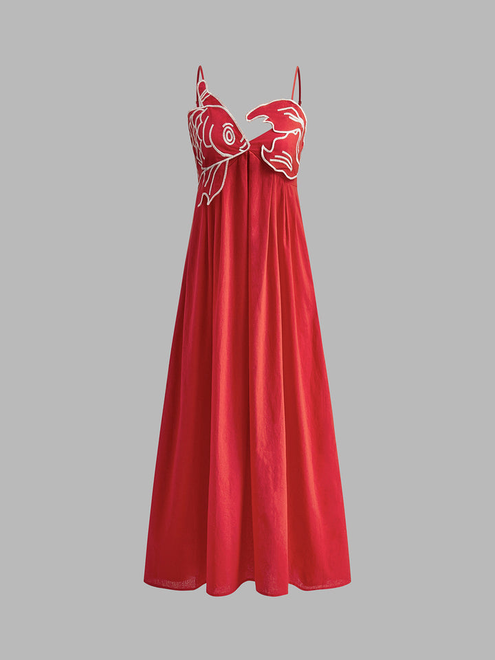 Duttini | Statement Embroidered Spaghetti Strap Maxi Shift Dress