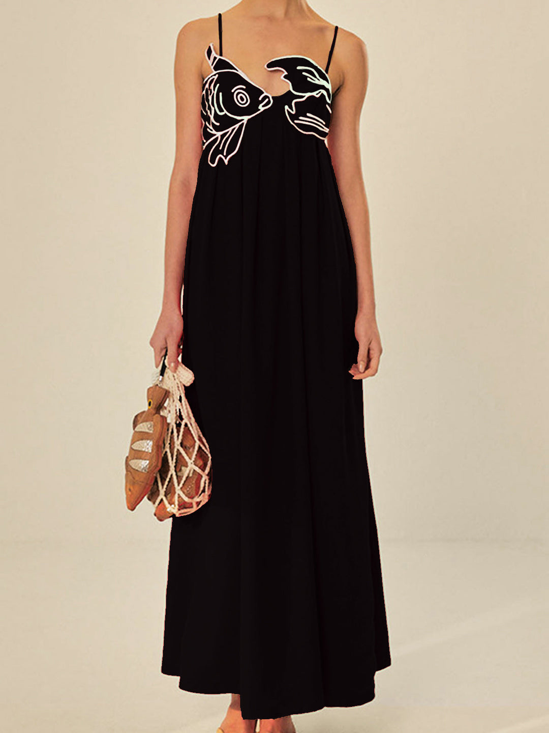Duttini | Statement Embroidered Spaghetti Strap Maxi Shift Dress