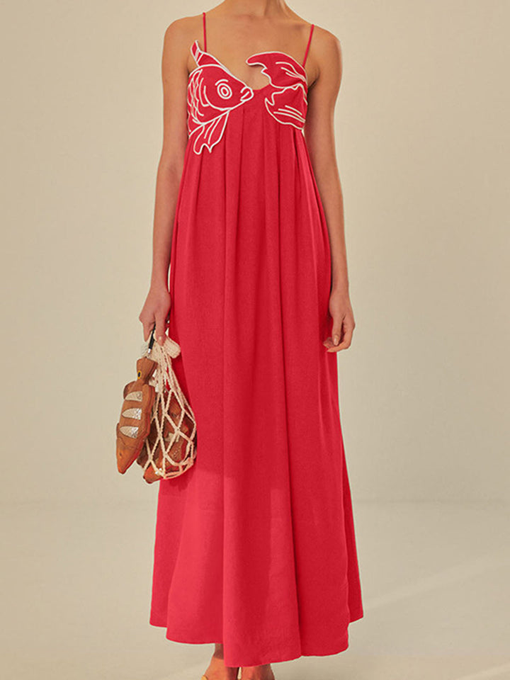 Duttini | Statement Embroidered Spaghetti Strap Maxi Shift Dress