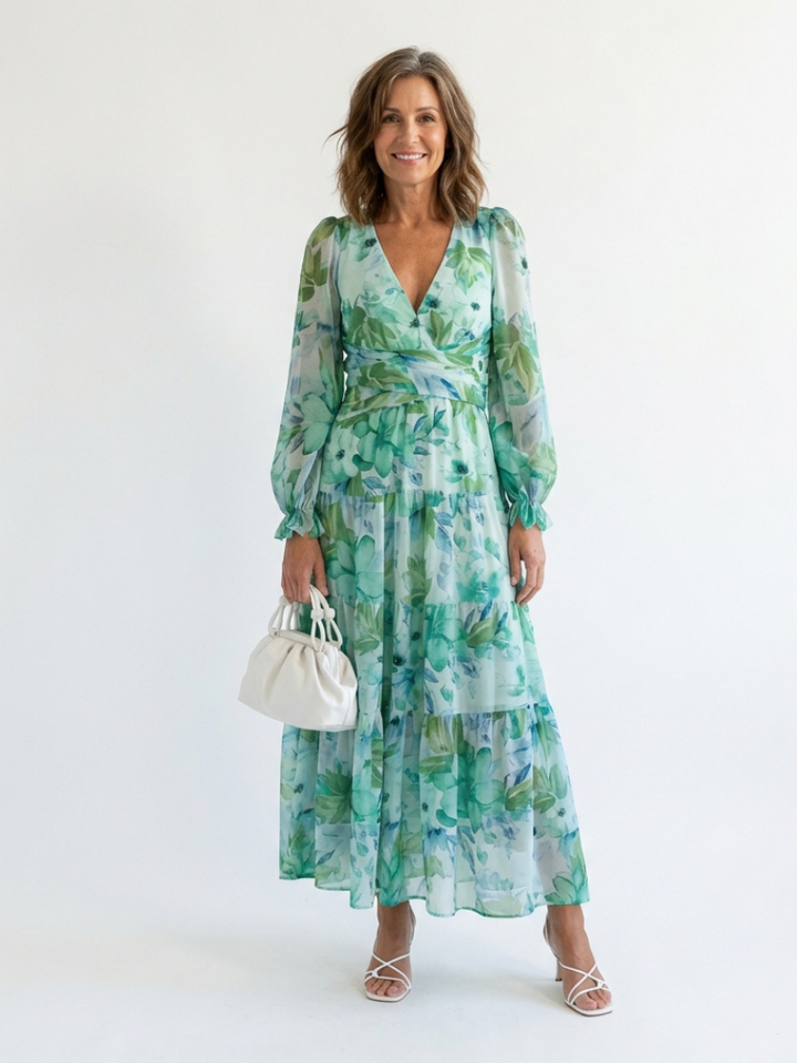 Duttini | Effortless V Neck Long Sleeve Floral Maxi Dress