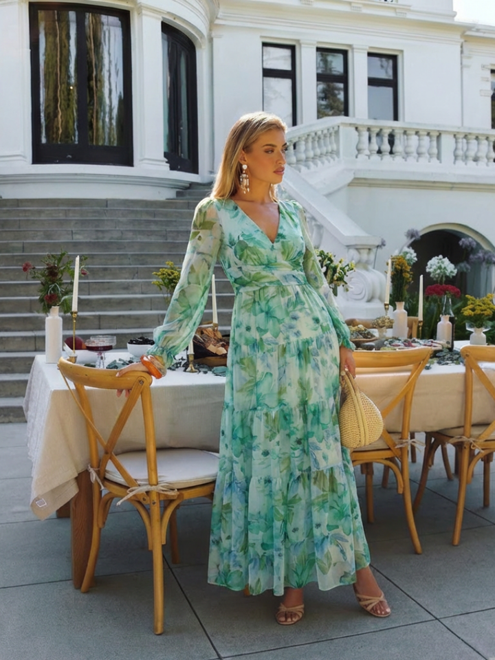 Duttini | Effortless V Neck Long Sleeve Floral Maxi Dress
