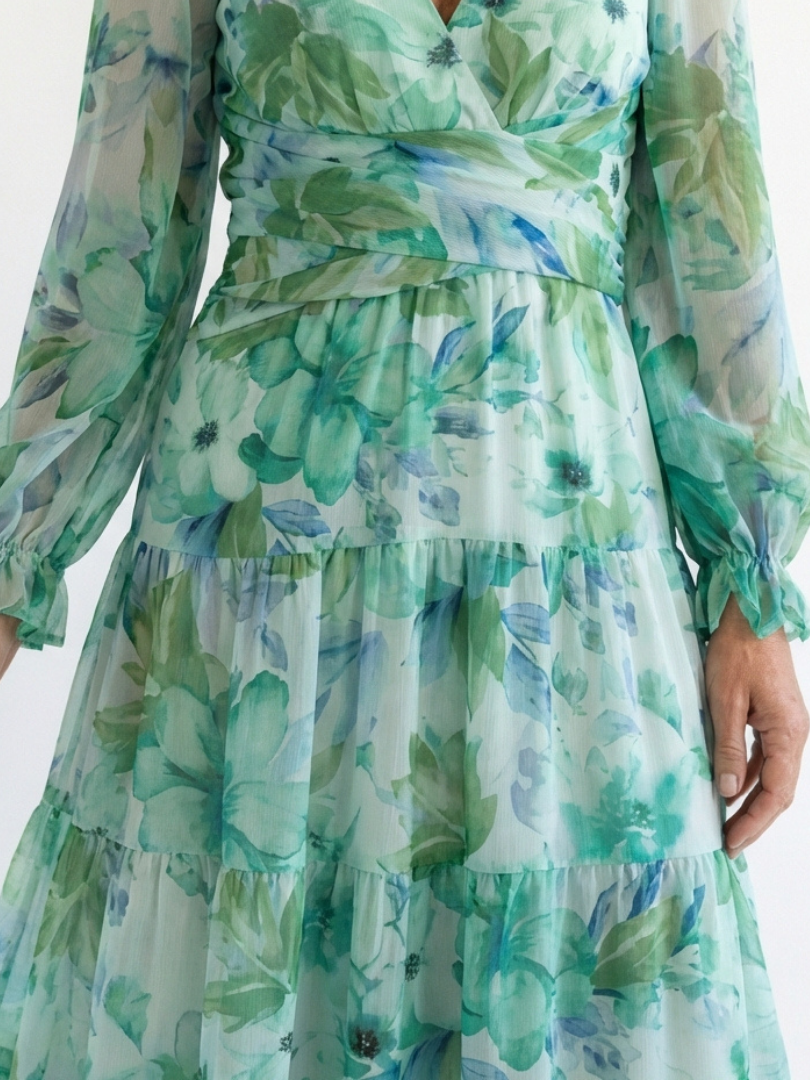 Duttini | Effortless V Neck Long Sleeve Floral Maxi Dress