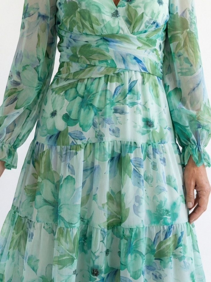 Duttini | Effortless V Neck Long Sleeve Floral Maxi Dress