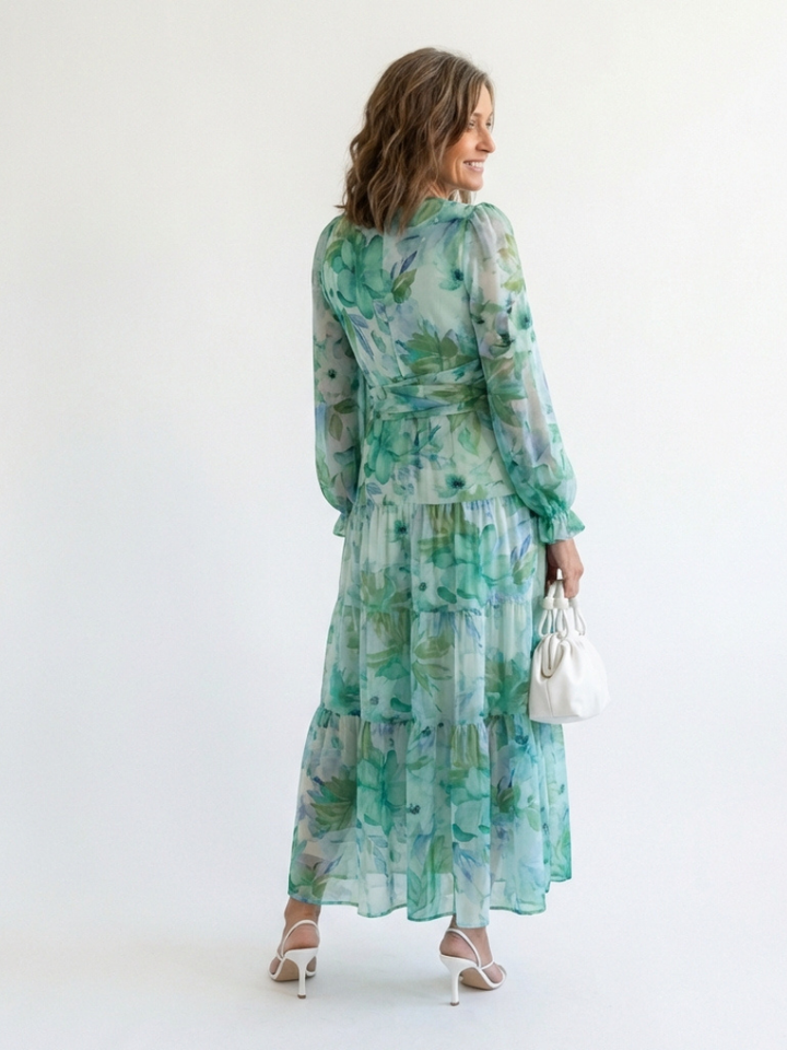 Duttini | Effortless V Neck Long Sleeve Floral Maxi Dress
